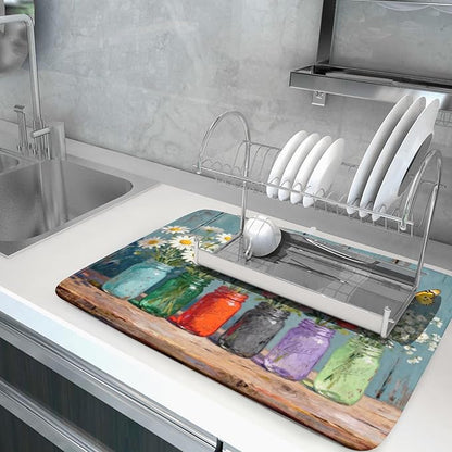 Dish Drying Mat for Kitchen Counter 18x24, Spring Summer Floral Decorative