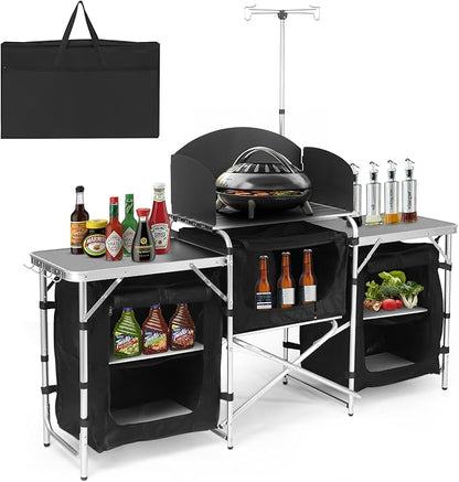 Camping Kitchen Table, Folding Table,Outdoor Cooking Table with Storage Carrying Bag, Aluminum Cook Station with Windscreen and 3 Multifunctional Storage Cupboards, BBQ, Outdoor, RV, Party