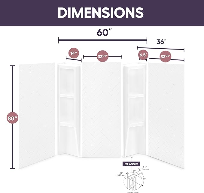 White Acrylic Shower Wall Surround 36"x 60"x 80"
