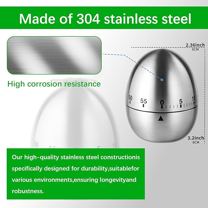 Stainless Steel Mechanical Kitchen Timer, Classic Egg Shape 60-Minute Manual
