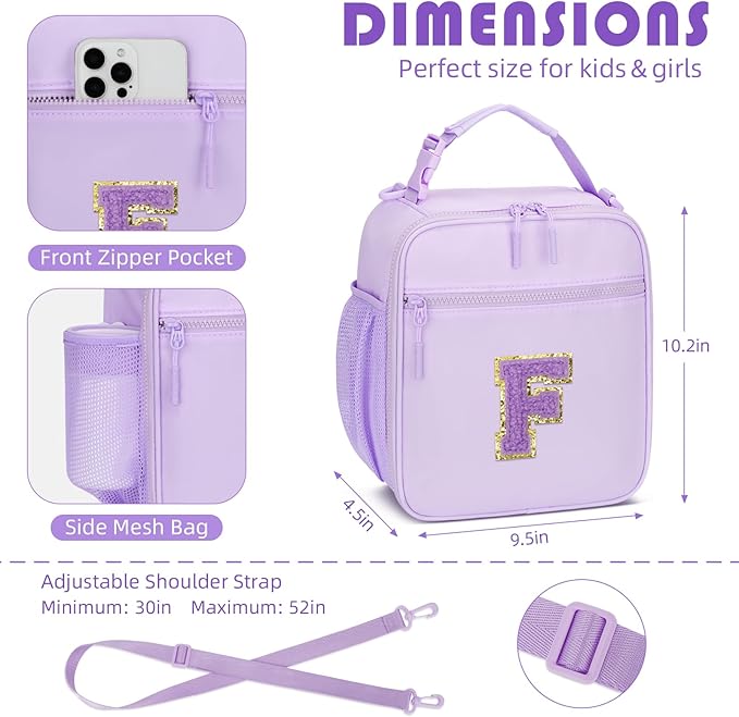 Initial Insulated Lunch Bag for Girls Kids, Back to School Gift, Reusable Leak-proof Lunch Box with Adjustable Strap for School Daycare Travel Picnic (Purple,F)