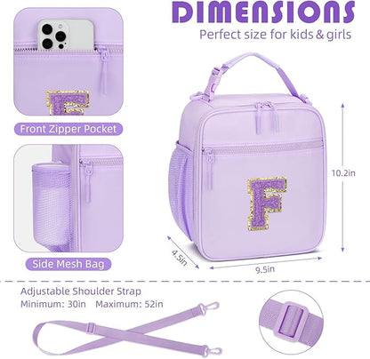 Initial Insulated Lunch Bag for Girls Kids, Back to School Gift, Reusable Leak-proof Lunch Box with Adjustable Strap for School Daycare Travel Picnic (Purple,F)