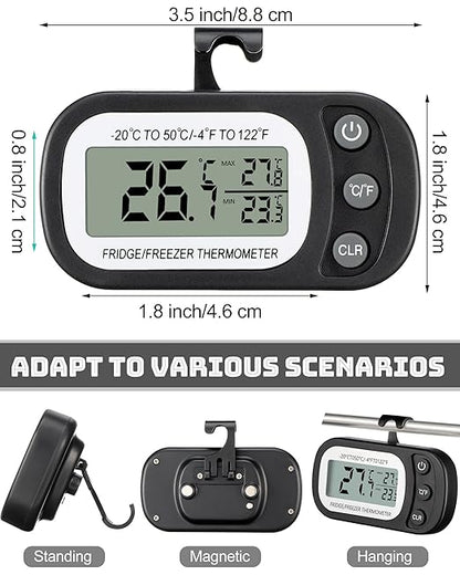 Frienda 12 Pack Black Digital Fridge Thermometer Waterproof Refrigerator and Freezer Room Max/min Record Function LCD Screen Refrigerator Thermometer with Hook and Magnetic Back for Home