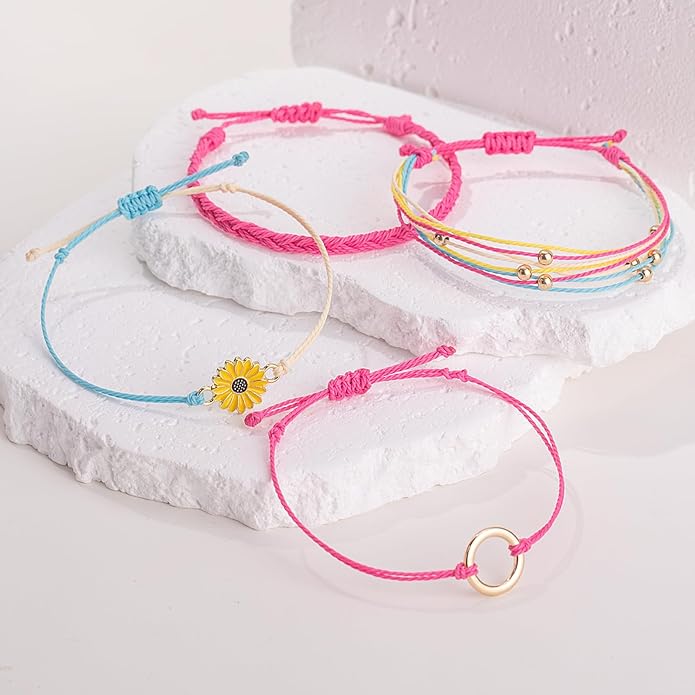 FANCY SHINY Sunflower String Bracelet Boho Braided Rope Wrap Bracelets Cute Summer Beach Surfer Jewelry for Women Christmas Gifts