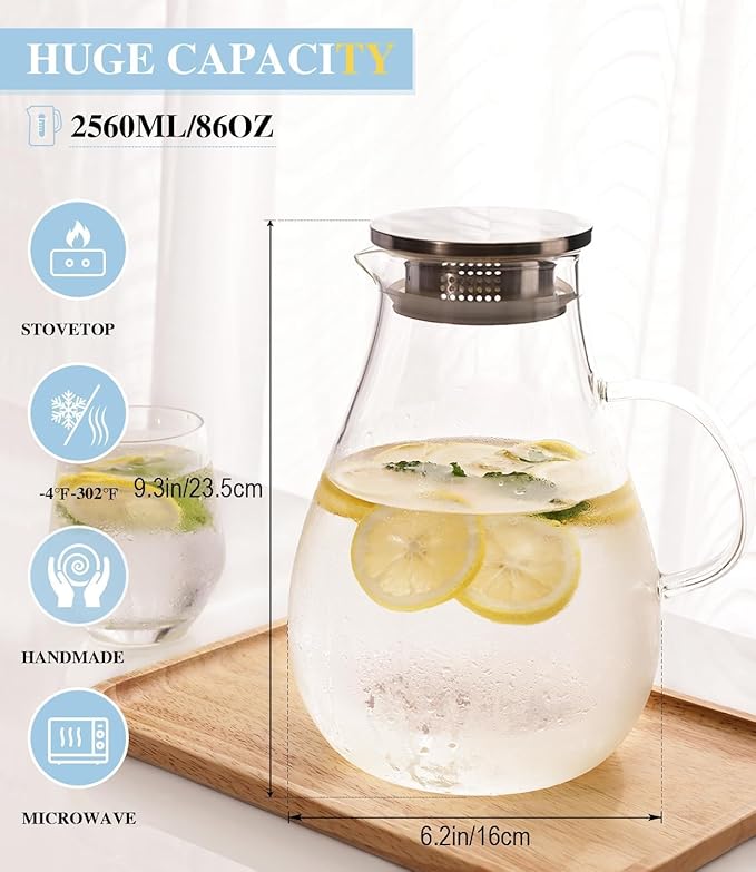 Glass Pitcher, 86oz Glass Water Pitcher