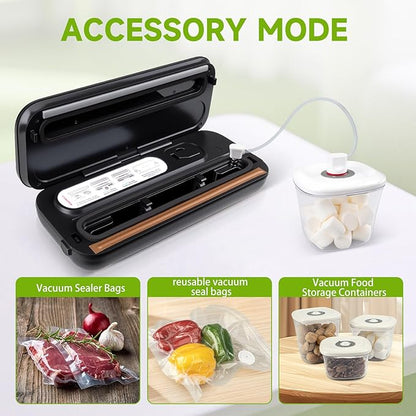 Vacuum Sealer for Food - Tempered Glass Panel, LED Touch Control, Digital Display, Pulse/Moist/Dry/Seal/External Suction Modes, Includes 30 Vacuum Bags & Built-in Cutter(Black)