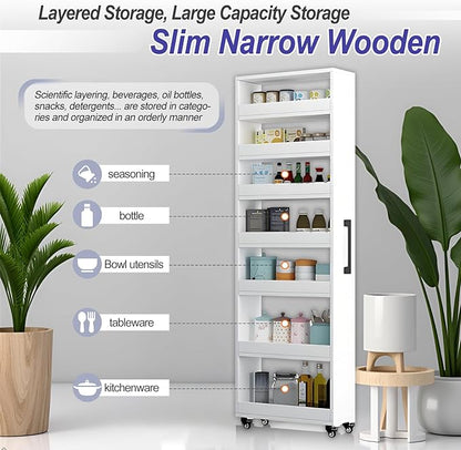 7-Tier Slim Storage Cart, Wooden Rolling Pantry Cabinet with Wheels, Narrow Shelf Organizer for Kitchen, Bakers Rack, Dining Room, Closet, Small Spaces Dark Walnut 47.2" H*5.9" W*16.9" D