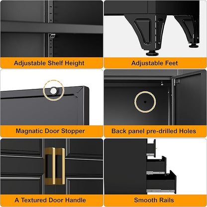 75" Tall Metal Storage Cabinet, Kitchen Pantry Storage Cabinets with Doors and Shelves, Black Pantry Cabinet with 3 Drawer, Utility Kitchen Cupboard, Large Steel Cabinets for Dining Room