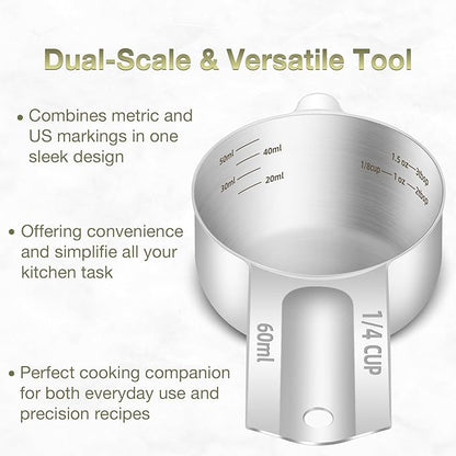2PCS 1/4Cup Single Measuring Cup, Etched Inner Scale Stainless Steel Measure