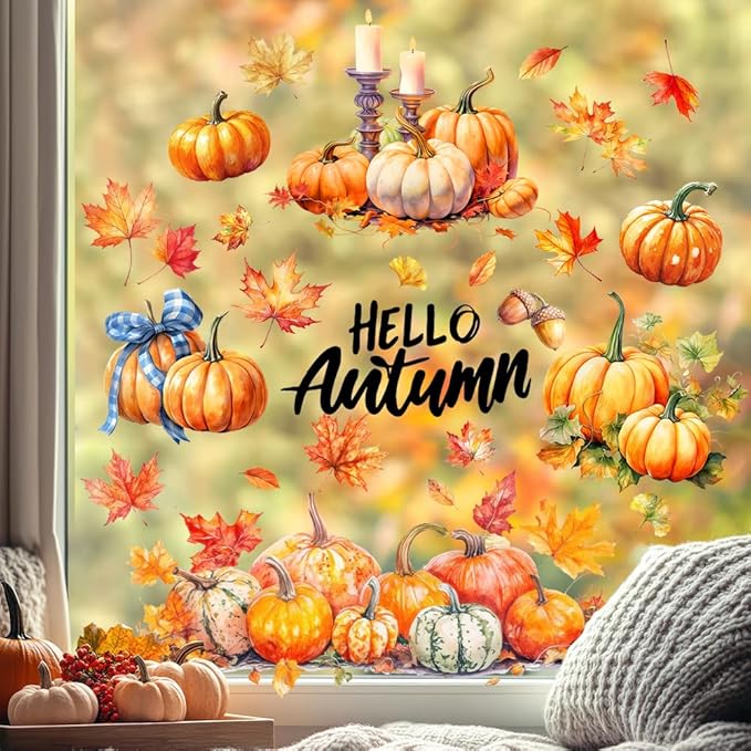 Autumn Window Decals Decorations Kit - Hello Autumn, Maple Leaf, Flower Pumpkin Designs | Reusable Static Cling for Home, Office Glass Fall Decor