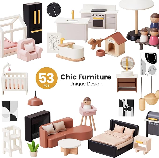 Tiny Land Doll House, Modern Family Dollhouse with Realistic Design, Wooden Dollhouse with 53Pcs Furniture - Ideal Gift for Kids Ages 3+
