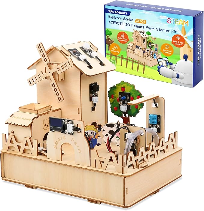 ACEBOTT ESP32 IOT Smart Farm Kit Compatible with Arduino/Scratch, STEM Kit Coding Kit with APP Control, Stem Toys Wooden House Building kit, STEM Educational kit for Kids 12+