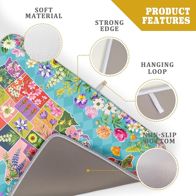 Flower Map Dish Drying Mat Colorful Floral Microfiber Large Dish Drying Pad