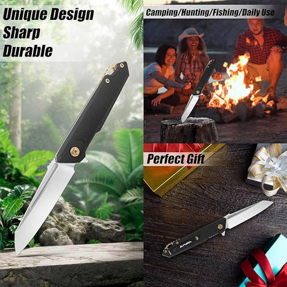 FLISSA Folding Pocket Knife, EDC Knife with D2 Steel Blade and G10 Handle, Pocket Clip, Suitable for Camping, Hiking, Fishing, Daily Use, Outdoor Activities(Black)