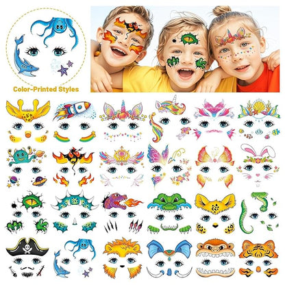 Partywind Temporary Face Tattoos for Kids, 24 Styles Creative Face Stickers for Face Painting, Waterproof Fake Tattoo Stickers for Kids Makeup, Birthday Party Favors Supplies Goodie Bag Stuffers