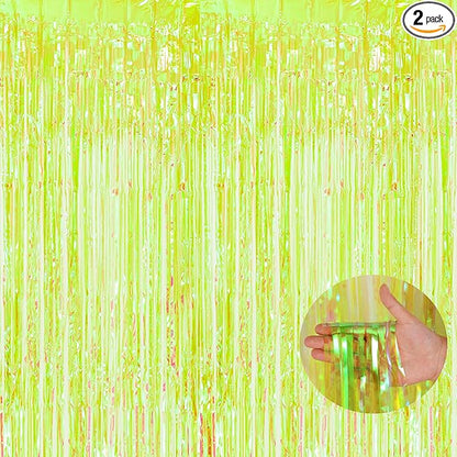BRAVESHINE Iridescent Foil Fringe Backdrop - 2 Pack 3.2 x 6.5 ft Holographic Tinsel Curtain Party Streamers Photo Backdrop for Birthdays Dinosaur Theme Christmas Patricks Decorations - Clear Green