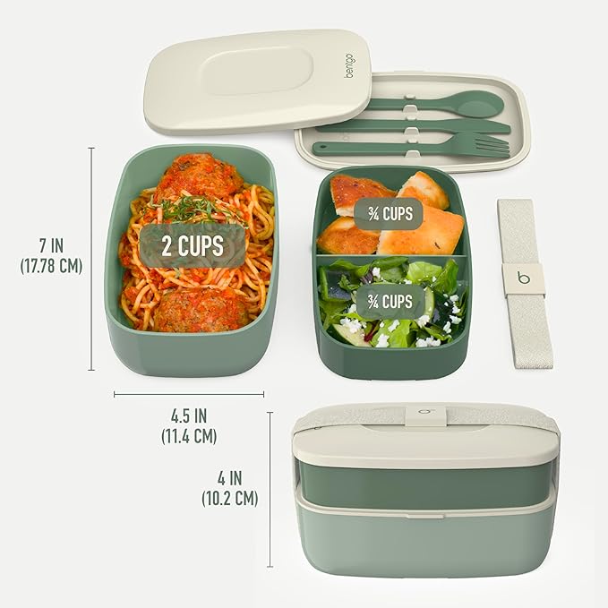 Bentgo Classic - Adult Bento Box, Stackable 3-Compartment Lunch Box with Removable Utensil Set and Sealing Strap, BPA-Free, Food Container Ideal for Meal Prep, Work, and On the Go (Khaki Green)