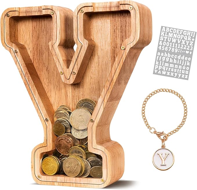 KMC Wooden Letter Piggy Bank, Personalized Initial Piggy Bank for Kids Boys, Clear Alphabet Y Wood Money Box, Unbreakable Coin Saving Jar, Birthday, for Children