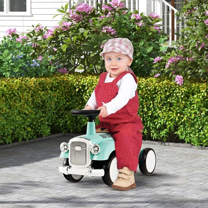HONEY JOY Ride On Push Car, Outdoor Toddler Riding Toys w/Steering Wheel, Horn & Storage, Foot-to-Floor Sliding Car, No Batteries, Retro Baby Ride On Toys for Boys and Girls (Green)