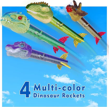 Dinosaur Toy Rocket Launcher for Kids - Launch Up to 100 Ft, 4 Rockets, Outdoor Outside Toys for Kids, Dinosaur Toys, Birthday Gifts for 3 4 5 6 7 8-12 Year Old Boys Girls