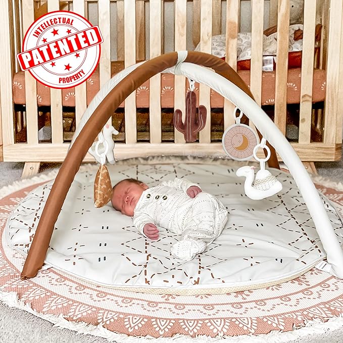 Tummy Time Activity Mat, Macrame Baby Play Gym Mat with 6 Detachable Toys and 12 Milestone Cards for Stage-Based Sensory and Motor Skill Development, Washable Play Mats for Infant, Non Slip Play Mat