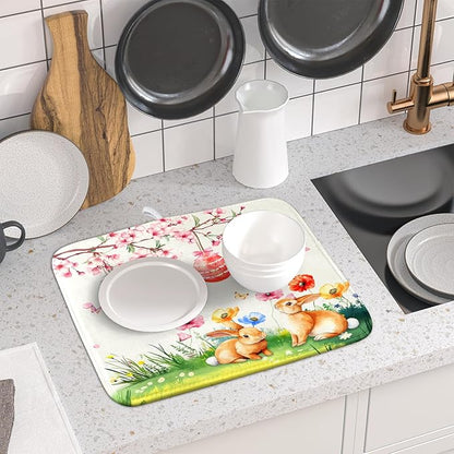 Giwawa Easter Bunny Dish Drying Mat, Spring Rabbits Eggs Hunt Dish Drainer Mats