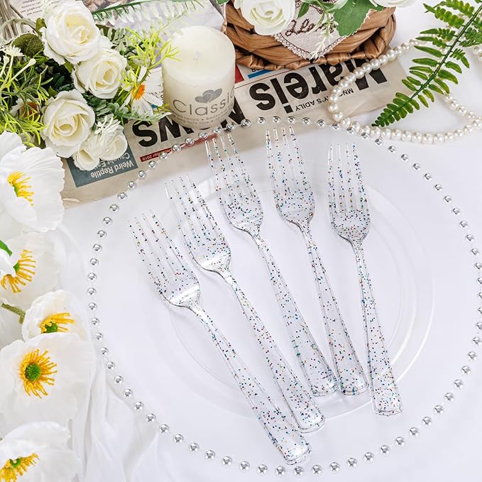 Supernal 360pcs Glitter Disposable Plastic Forks,Plastic Silverware Heavy Duty,Clear Plastic Forks,Glitter Disposable Cutlery for Birthdays, Parties, Bridal Shower and Weddings