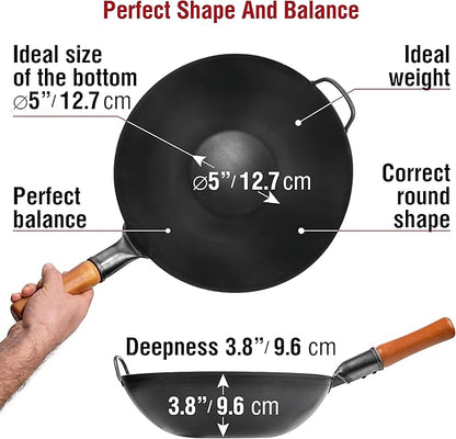 YOSUKATA 13.5" Carbon Steel Wok Pan – Pre-Seasoned Flat Bottom Pow Wok for Stir Fry, BBQ, Grill & Camping – Traditional Japanese Chinese Cookware – Compatible with Induction, Electric, Gas, Open Fire