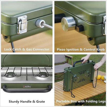 ONLYFIRE Portable Camping Stove 2-Burner, Propane Camp Stove with Foldable Legs, Camping Grill Stove with Adjustable Burners, Heavy-Duty Latch & Handle for Camping Tailgating RV BBQ, Green