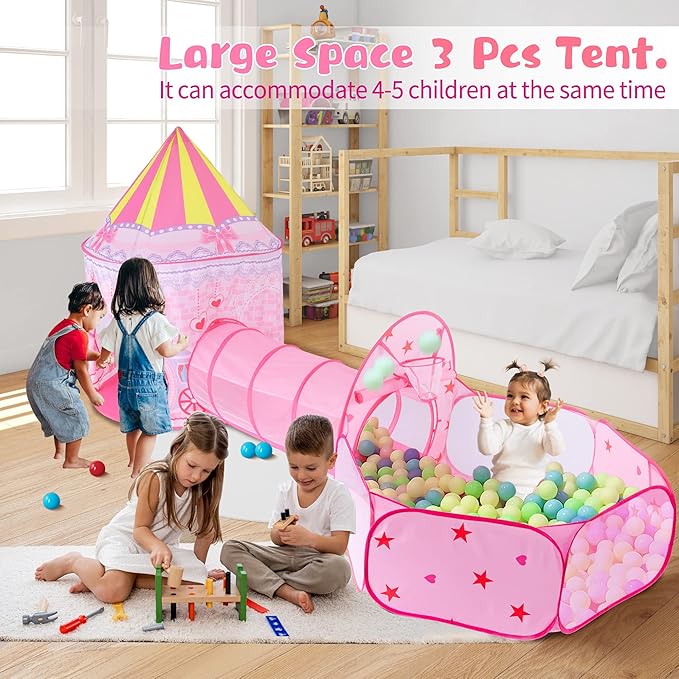 3pc Princess Fairy Tale Kids Play Tent, Oval Crawl Tunnel, Ball Pit for Toddlers, Indoor Outdoor Playhouse Castle Toys, Baby Boys Girls for 3 4 5 6 7 Years Old (Balls Not Included)
