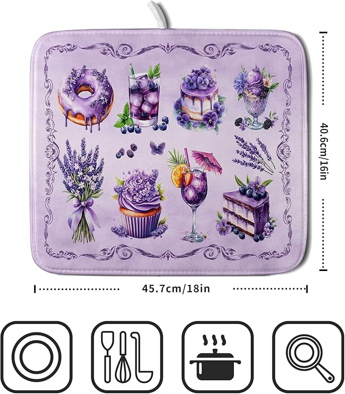 Purple Dish Drying Mats for Kitchen Counter Washable Drying Pad Absorbent