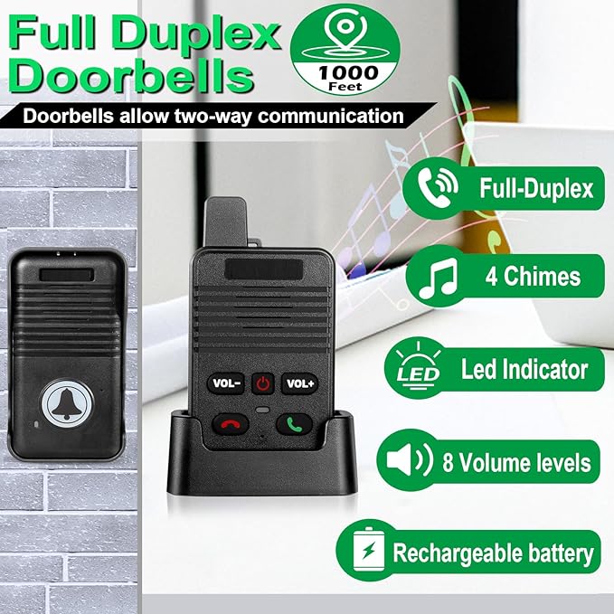 Wireless Doorbell, Hands Free Intercom Doorbells 1000ft Range, Full Duplex Two