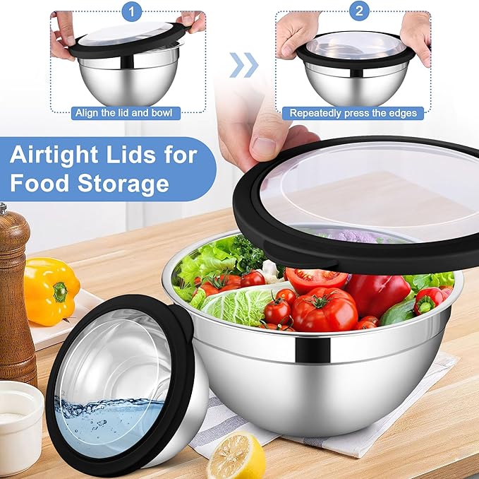 LIANYU Stainless Steel Mixing Bowls Sets of 6, Large Metal Nesting Bowl Sets for Home Kitchen, 7, 3.5, 2.5, 2, 1.5, 1QT Size with Transparent Airtight Lids, Dishwasher & Freezer Safe, Black