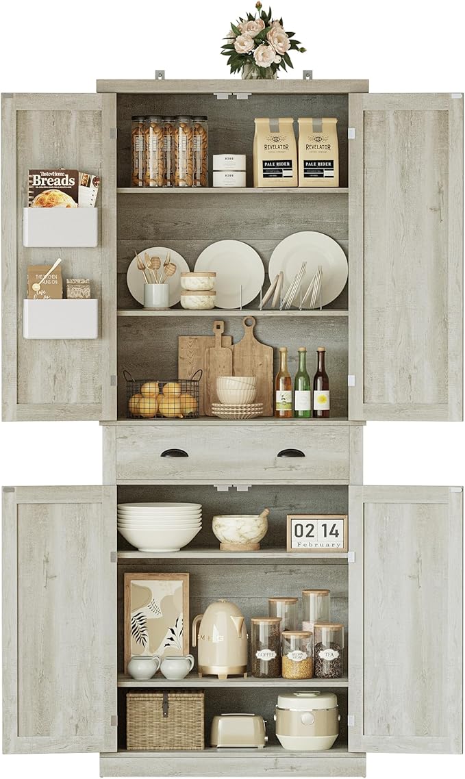 IRONCK Kitchen Pantry Storage Cabinet 83.9" H, with Barn Doors, Drawer, 4 Adjustable Shelves, Freestanding Cupboard for Dining Room Living Room, Laundry, Rustic Maple
