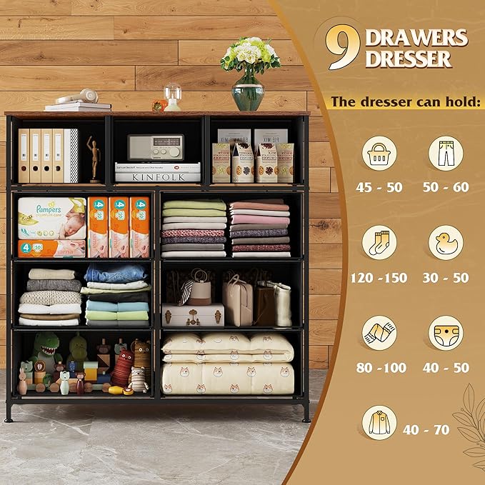 WLIVE 9 Drawer Dresser, Fabric Storage Tower