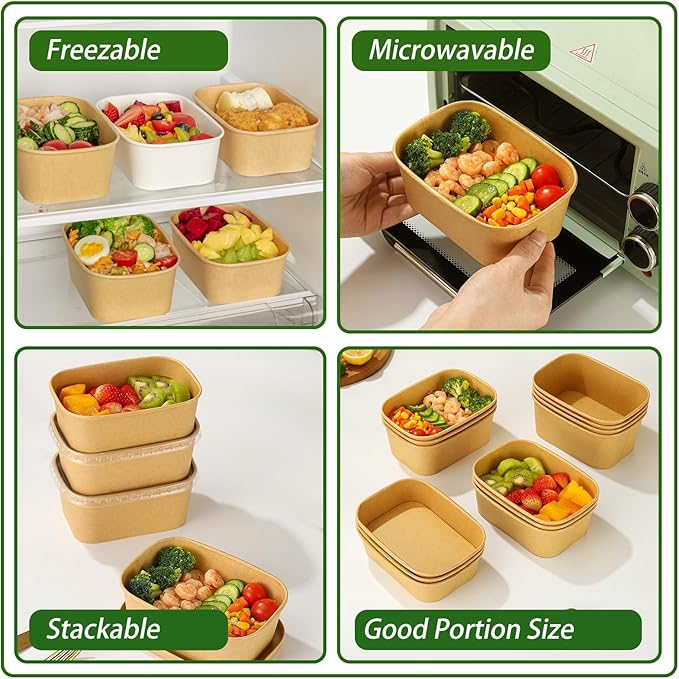 DI QIU REN 50-Pack 22oz Paper Bowls, Disposable Food Containers with Lids and Forks, Rectangular Disposable Salad Bowls for Diet Salad, Pasta (kraft Paper Rectangular, 22oz 50 Count)
