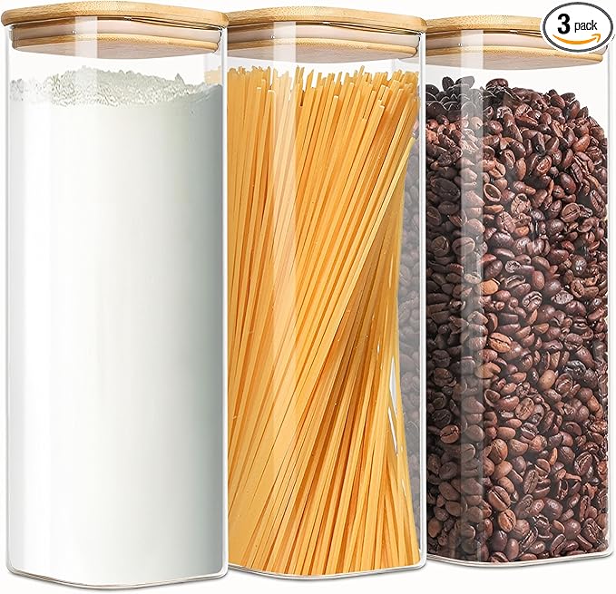 2.2 Qt Square Glass Storage Containers with Lids, Clear Food Storage Container Jar with Sealing Bamboo Lid Storage Containers for Pasta, Oats, Coffee, Flour, Sugar (Square -3Pack)