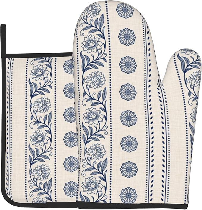 Boho Oven Mitts Set – Vintage Floral Pot Holders Kitchen Gloves