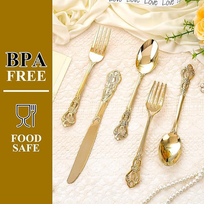 200PCS Gold Plastic Silverware - Heavy Duty Elegant Disposable Utensils - Gold Plastic Cutlery Set Includes 100Forks, 50Spoons, 50Knives for Dinner, Parties, Weddings