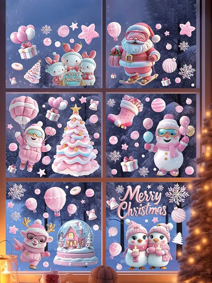 9 Sheet Christmas Pink Window Decorations - Merry Christmas Window Clings for Glass Windows, Santa Claus Snowflake Christma Windows Stickers Decals for Indoor Home Xmas Holiday Winter Party Decor