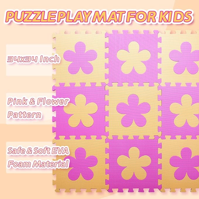 Coolcandy Baby Play Mat Without Fence, 9Pcs Interlocking Puzzle Floor Mat, 0.4" Thick Non-Toxic EVA Foam Play Mat, for Infants & Toddlers 3-36 Months, Soft Puzzle Tiles for Play Areas