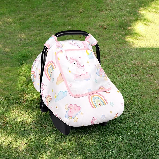 Baby Carseat Cover Girls, Pea Pod Unicorn Infant Car Seat Covers Canopy for Newborn with 2 Layers Windows of Breathable Mesh/Fabric, Lightweight Polyester/Minky Dot Backing, Snug Fit