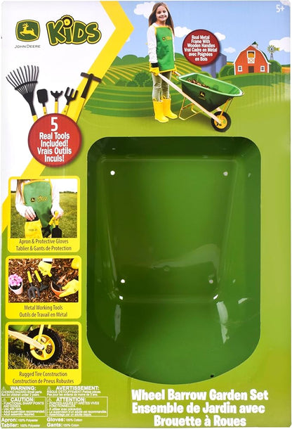 John Deere Deluxe 34" Wheelbarrow and Garden Set Includes 5 Realistic Gardening Tools,Gardening Apron, Gardening Gloves, Large Metal Wheelbarrow with Wooden Handles, Outdoor Toy Ages 5+