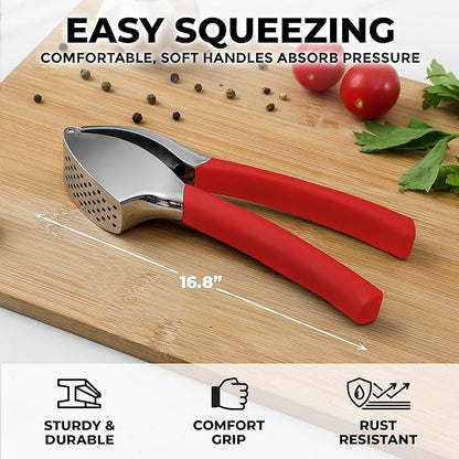 Zulay Kitchen Comfort Grip Garlic Press - Garlic Mincer Tool - Garlic Crusher - Garlic Press Mincer Rust Proof, with Soft Ergonomic Handle, Easy Clean Set with Peeler and Brush - Red