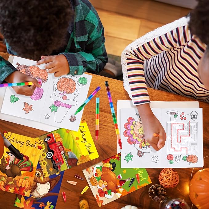 BenLouis 12 Fall Mini Coloring Books Kids with 12 Stacking Crayons Thanksgiving Theme Party Favors Small Activity Books Bulk for Kids Autumn Pumpkin Harvest Party Gift Goodie Bag Stuffers