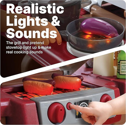 Step2 Grand Walk-In Kitchen & Grill Kids Playset, Indoor/Outdoor Kitchenette, Interactive Play with Lights and Sounds, Durable Plastic, 103 Piece Toy Accessories, Toddlers 2+ Years Old, Brown/Tan