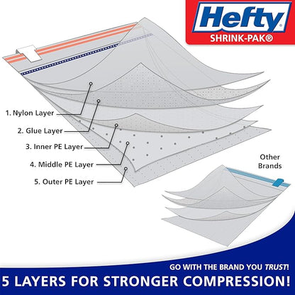 Hefty Shrink-Pak Vacuum Storage Bags - Space Saver for Under Bed Storage, Clothing and Comforters, 3X More Storage Space - 3 Large Hanging Bags