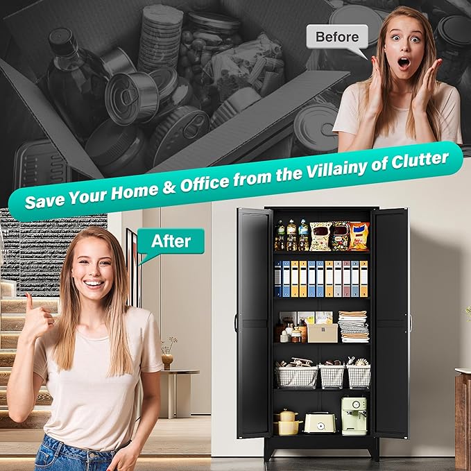 75" Tall Pantry Cabinet,Farmhouse Kitchen Pantry Storage Cabinets with 2 Doors and 4 Shelves,Black Metal Storage Cabinet,Large Cupboard for Home,Kitchen,Dining/Living Room