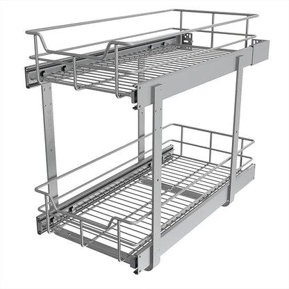 2 Tier Pull Out Cabinet Organizer 11" W X 22" D, Slide Out Drawers For Kitchen Cabinets, Pull Out Drawers For Cabinets Capacity Heavy Duty Caddy, Cabinet Pullout Shelves Chrome-Plated, Bathroom Pantry
