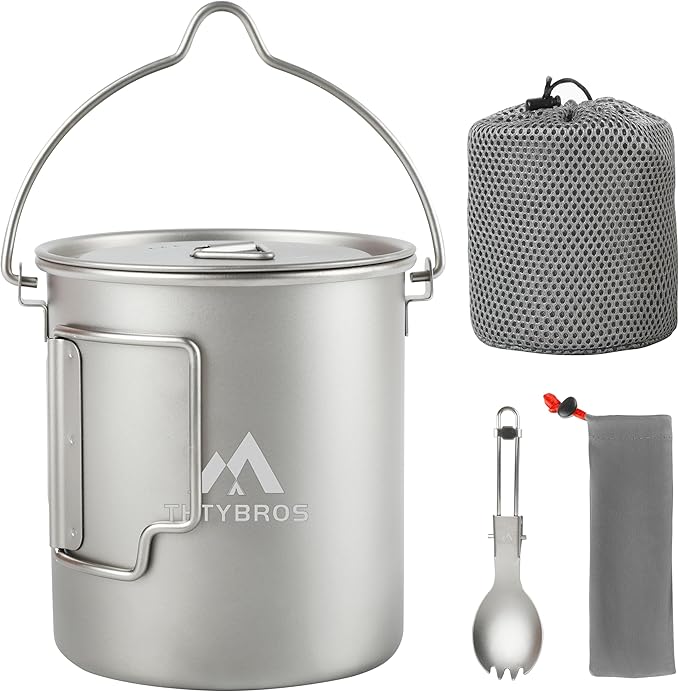 Titanium 750ml Pot with Titanium Spork, Ourdoor Solo Camping Mug, Hanging Cup Spork Kits